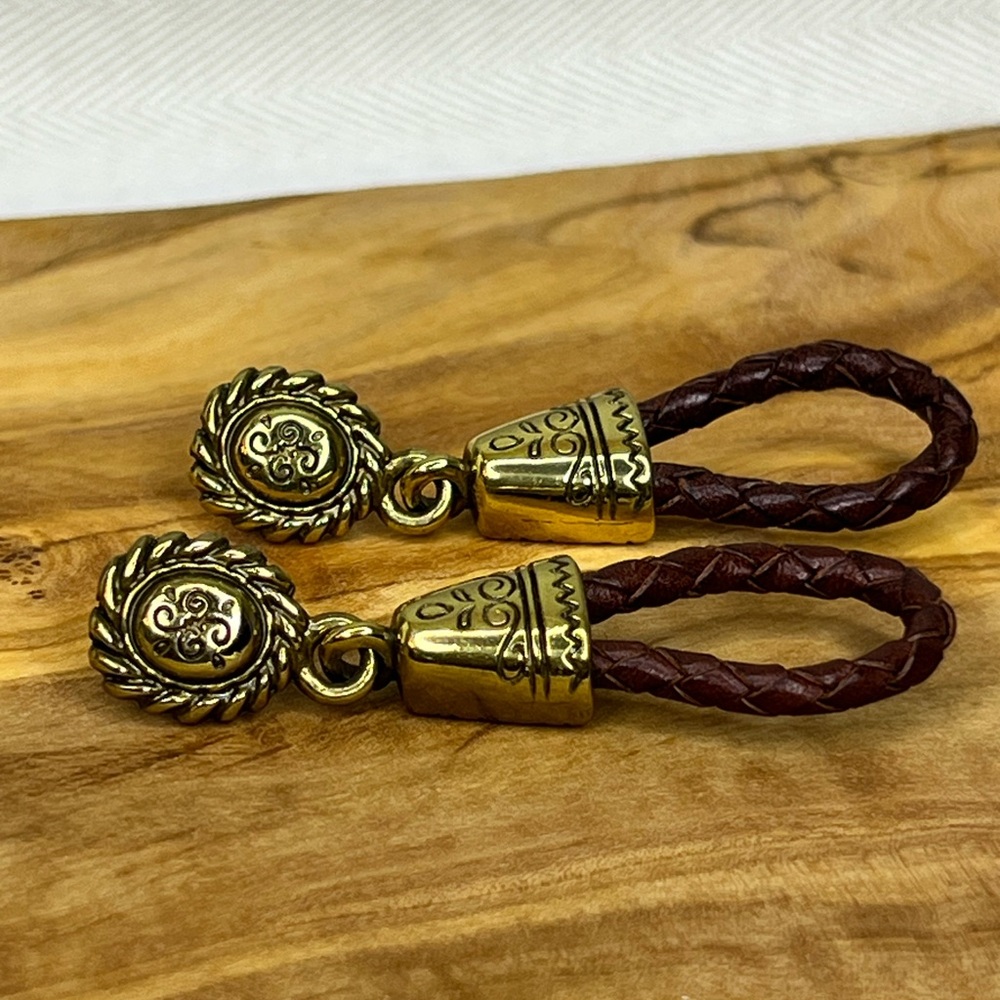BRIGHTON Gold-Tone and Brown Braided Leather Dangle Drop Post Earrings